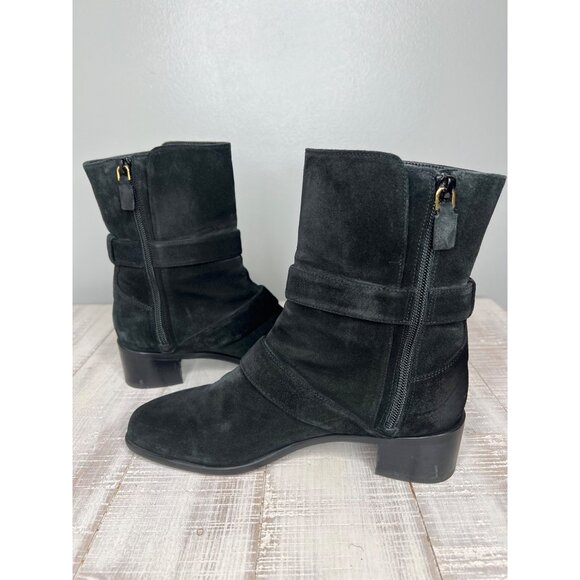Stuart Weitzman Britain Black Suede Ankle Boots With Gold Buckles Zipper 6 - Picture 8 of 12